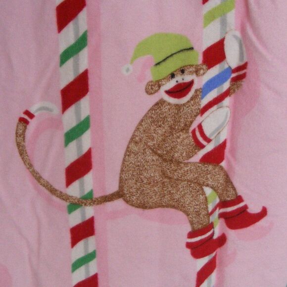 NICK & NORA Pajama Top, M, Pink, Sock Monkeys Climbing Peppermint striped poles - Picture 6 of 10